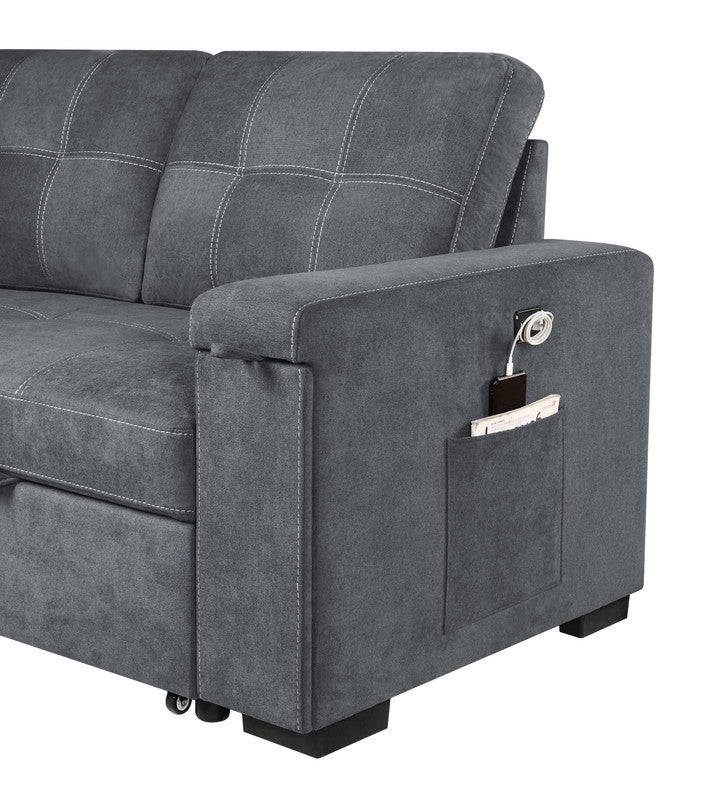 Toby 95" Gray Woven Fabric Reversible Sleeper Sectional Sofa with Storage Chaise Cup Holder Charging Ports and Pockets