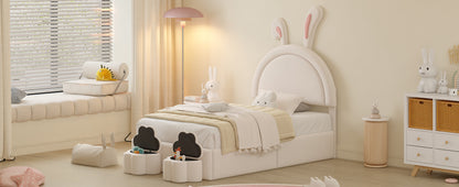 Twin size Upholstered Rabbit-Shape Bed with 2 Storage Stools, Velvet Platform Bed with Cartoon Ears Shaped Headboard, White