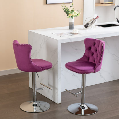 Swivel Velvet Barstools Adjusatble Seat Height from 25-33 Inch, Chrome base Bar Stools with Backs Comfortable Tufted for Home Pub and Kitchen Island, Purple,Set of 2,1712PP