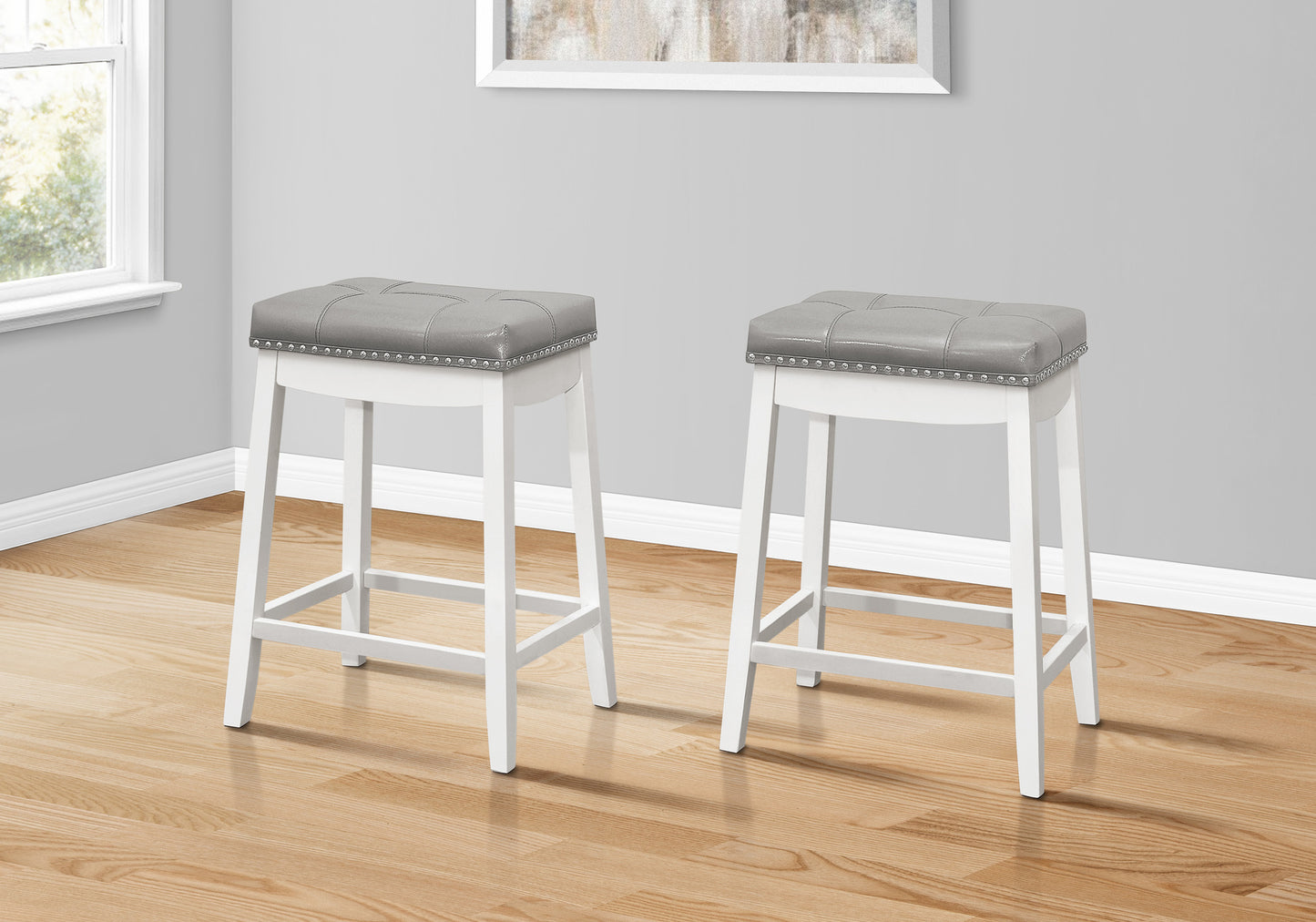 Bar Stool, Set Of 2, Counter Height, Saddle Seat, Kitchen, White Wood, Grey Leather Look, Transitional