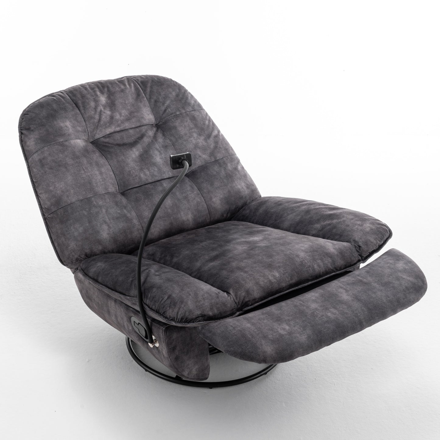 Modern Black Swivel Gliding Recliner Chair with Rocking Function and Phone Holder - Large Comfortable Reading Chair in Gold Stamped Velvet