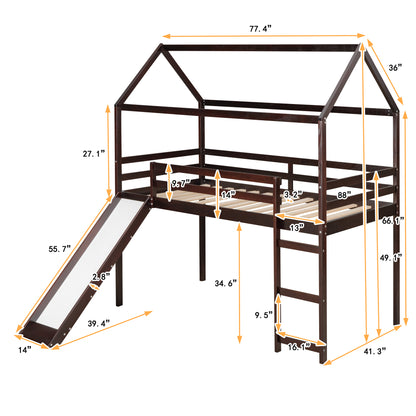 Twin Loft Bed with Slide, House Bed with Slide,Espresso(OLD SKU :WF286245AAP)