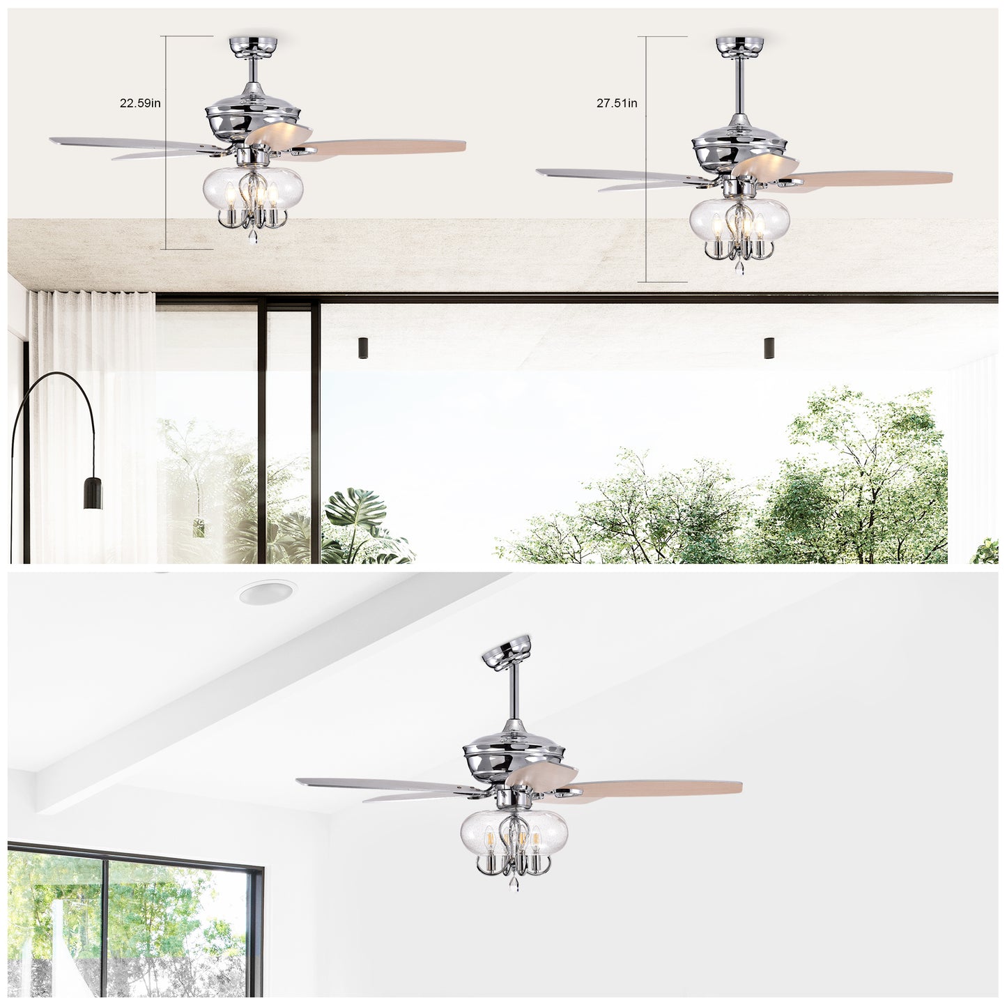 52" Crystal  Chandelier Fan with Remote, Classic, Glam, Traditional, Transitional for Home, Kitchen, Dining Room, Guest Room, Living Room, Chrome