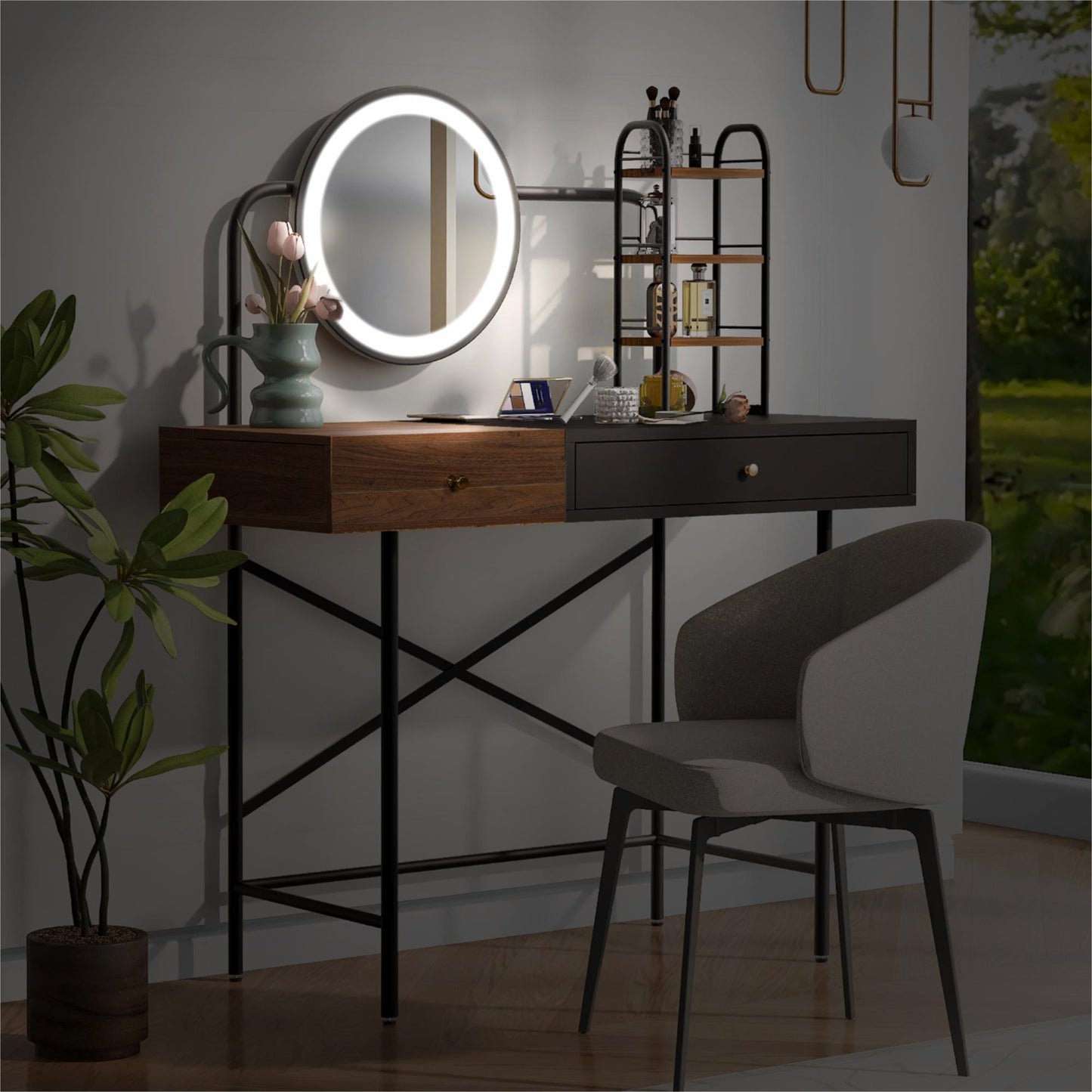 GO 40" Makeup Vanity Desk with 3-Mode Lighted Mirror & Wireless Charging Station , Vanity Table with Drawer & 3 Open Shelves for Ample Storage Space, Dressing Table for Bedroom, Black