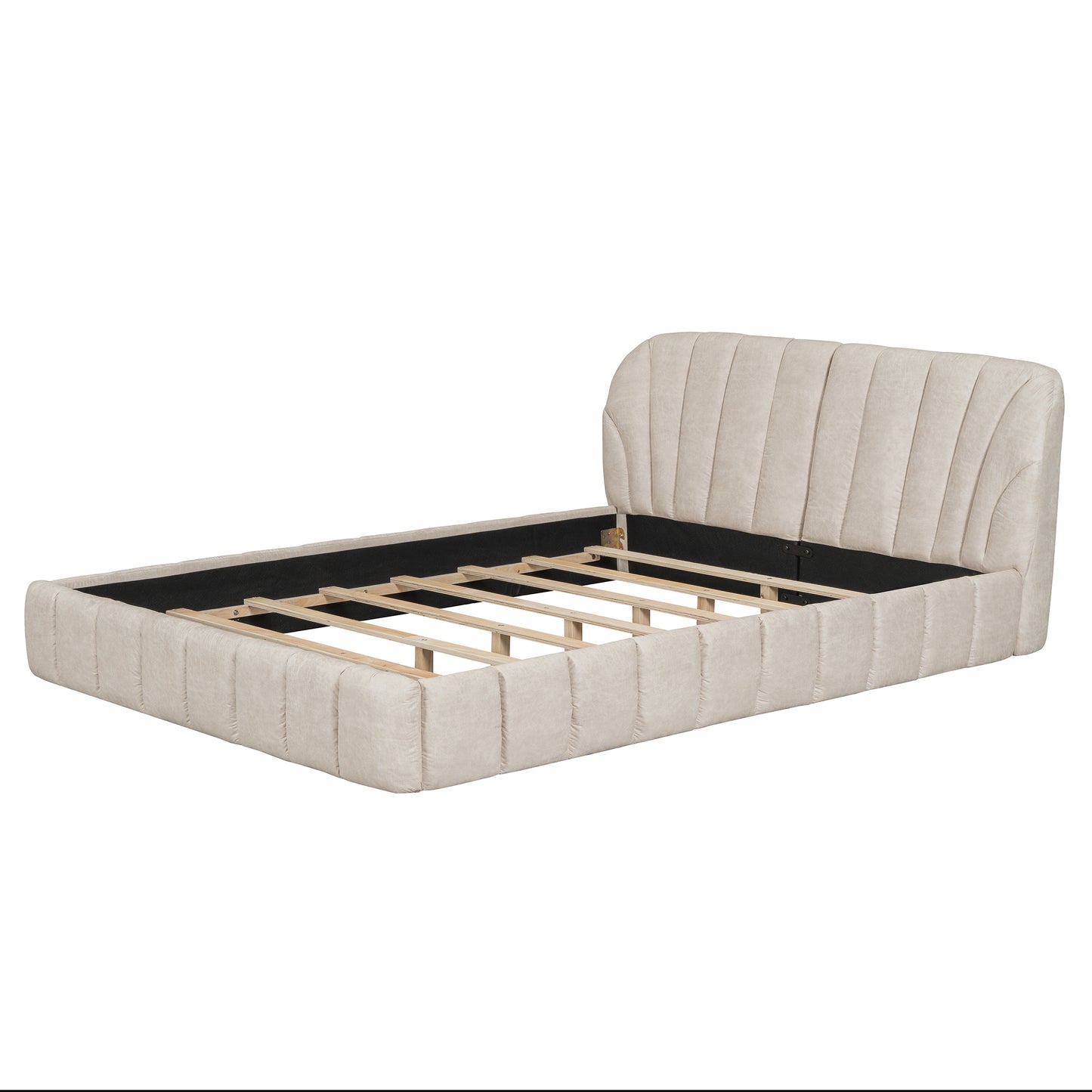 Queen Size Upholstered Platform Bed with Thick Fabric, Polyester, Beige