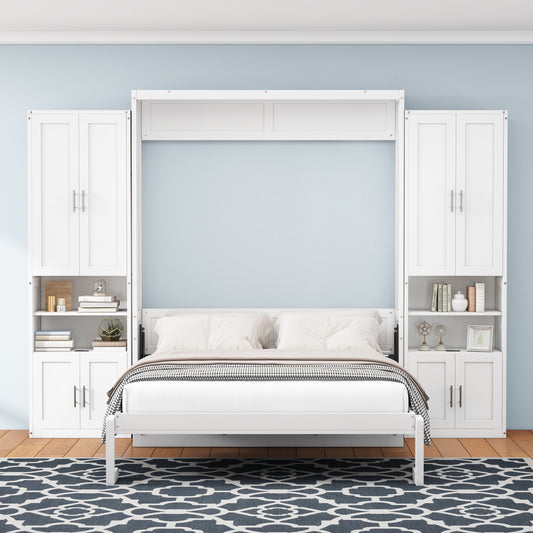 Queen Size Murphy Bed with 2 Side Cabinet Storage Shelves, 68-inch Cabinet Bed Folding Wall Bed with Desk Combo Perfect for Guest Room, Study, Office,White(old sku:BS400192AAC)