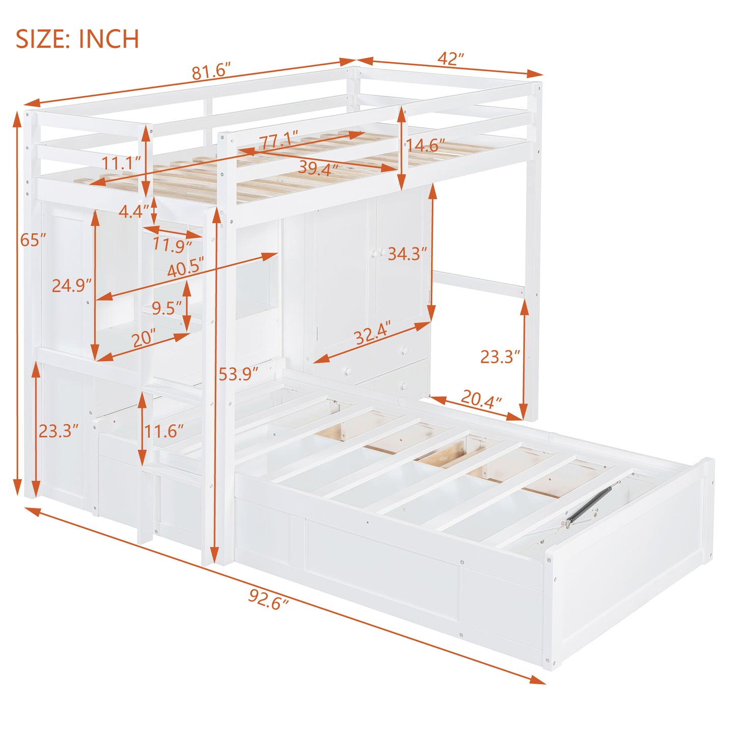 Twin Bunk Bed with Drawers, Wardrobe, Storage Shelves and Hydraulic Bed,White