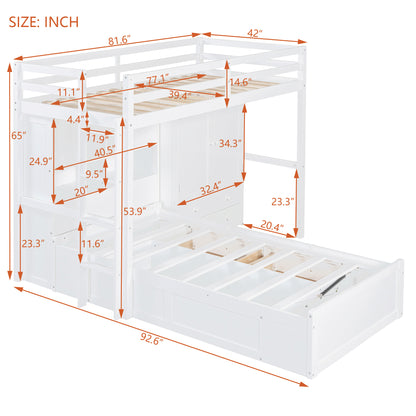 Twin Bunk Bed with Drawers, Wardrobe, Storage Shelves and Hydraulic Bed,White