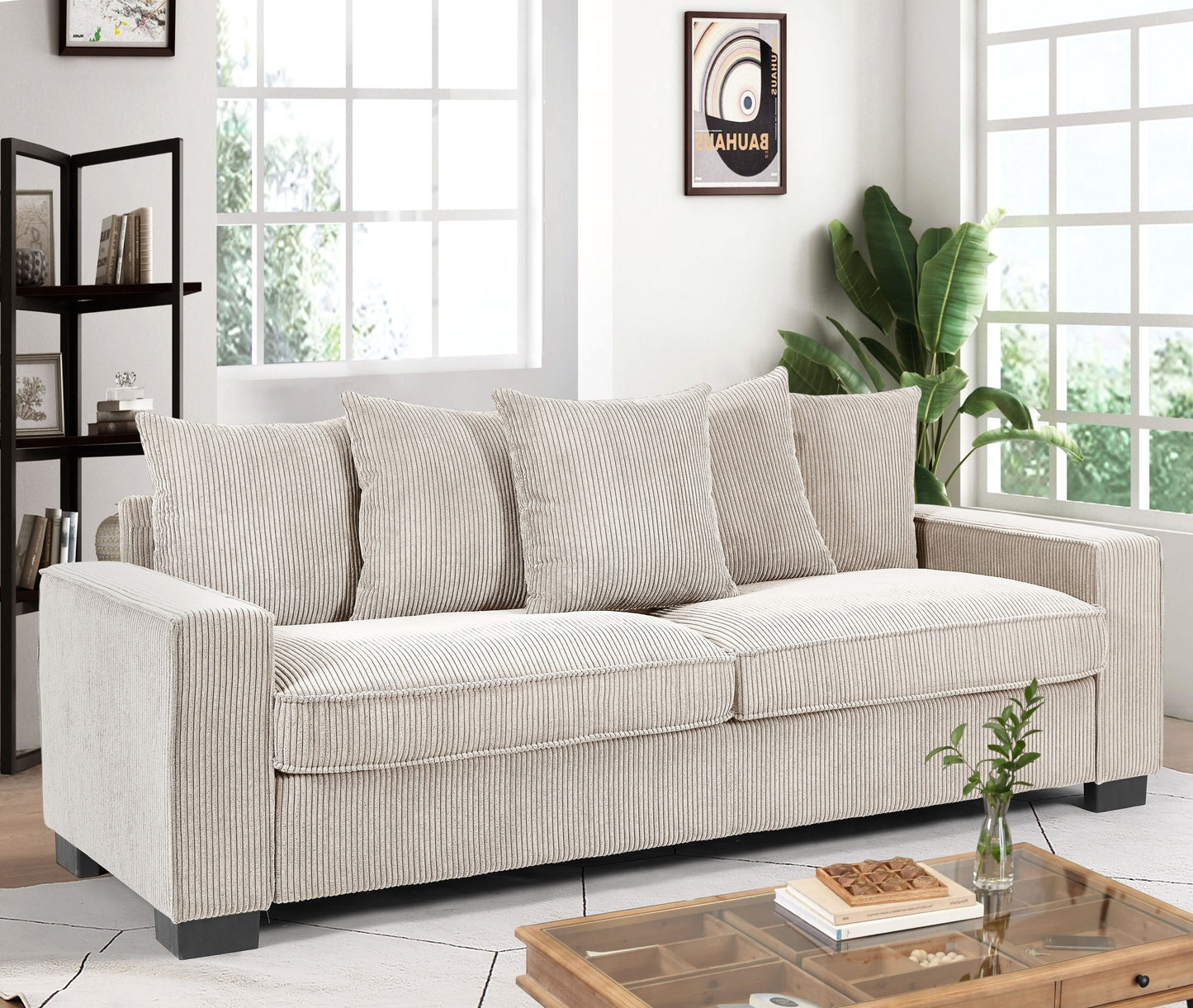 Luxe Corduroy Sofa with 5 Matching Toss Pillows, Sleek Design, Spacious and Comfortable 3 Seater Couch for Modern Living Room, Large, Ivory