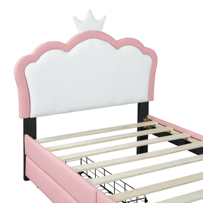 Twin Size Upholstered Princess Bed With Crown Headboard and 2 Drawers,Twin  Size Platform Bed with Headboard and Footboard,White+Pink