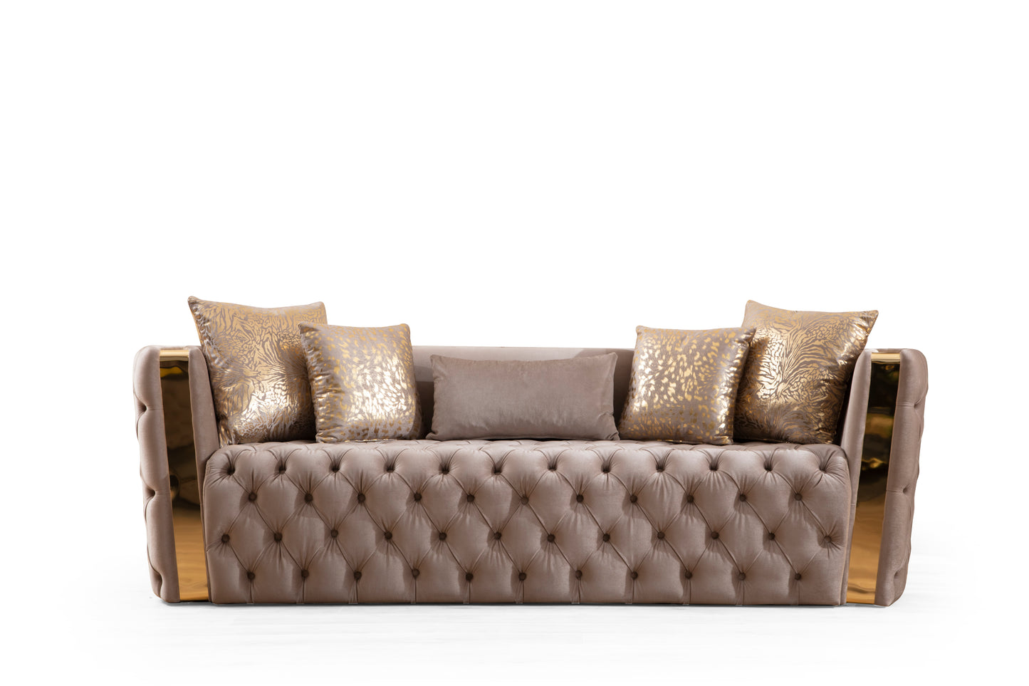 Button Tufted Sofa with Velvet Fabric and Gold Accent in Taupe