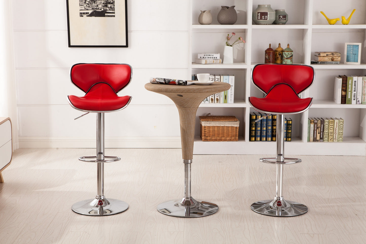 Masaccio Upholstery Airlift Adjustable Swivel Barstool with Chrome Base, Set of 2, Red