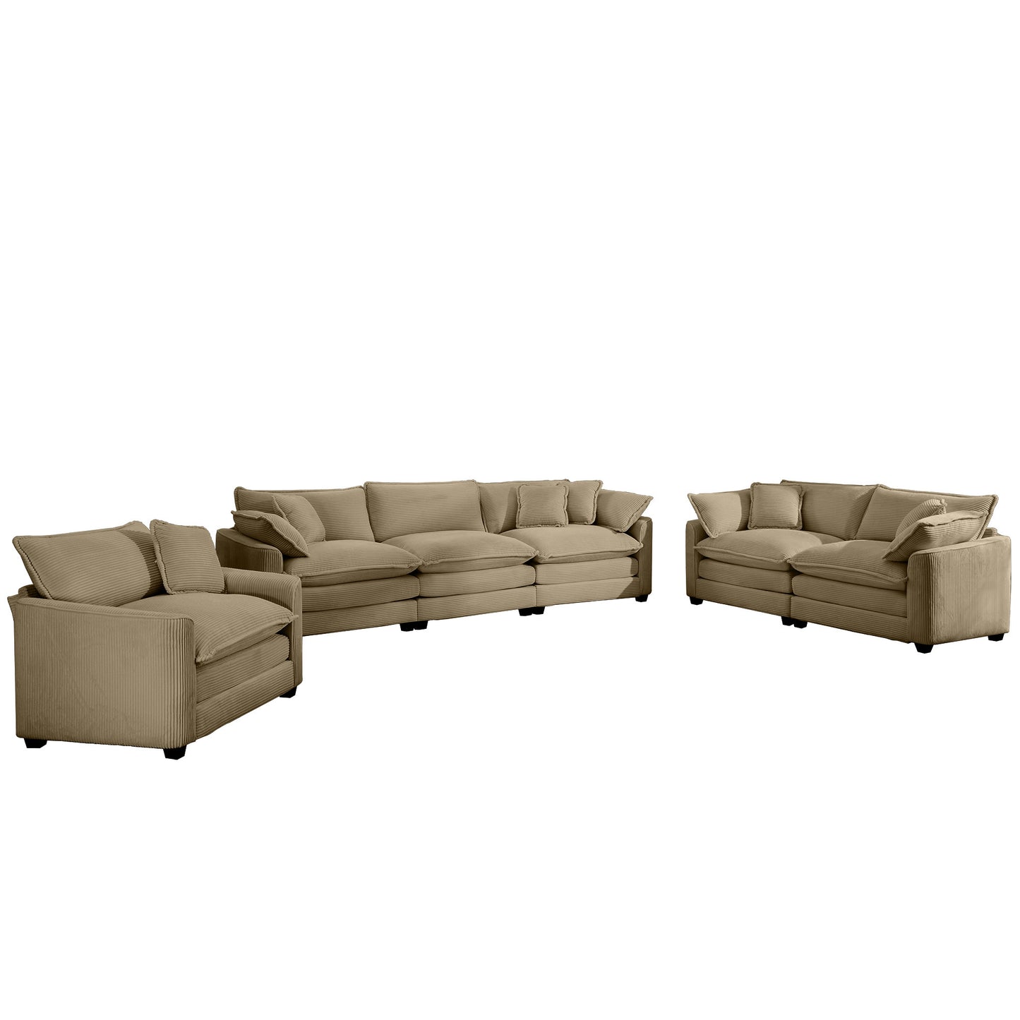 Oversized Sectional Sofa with Deep Seats in Tan Corduroy - 3 Piece Set with 1 Single, 2-Seater, and 3-Seater Sofas