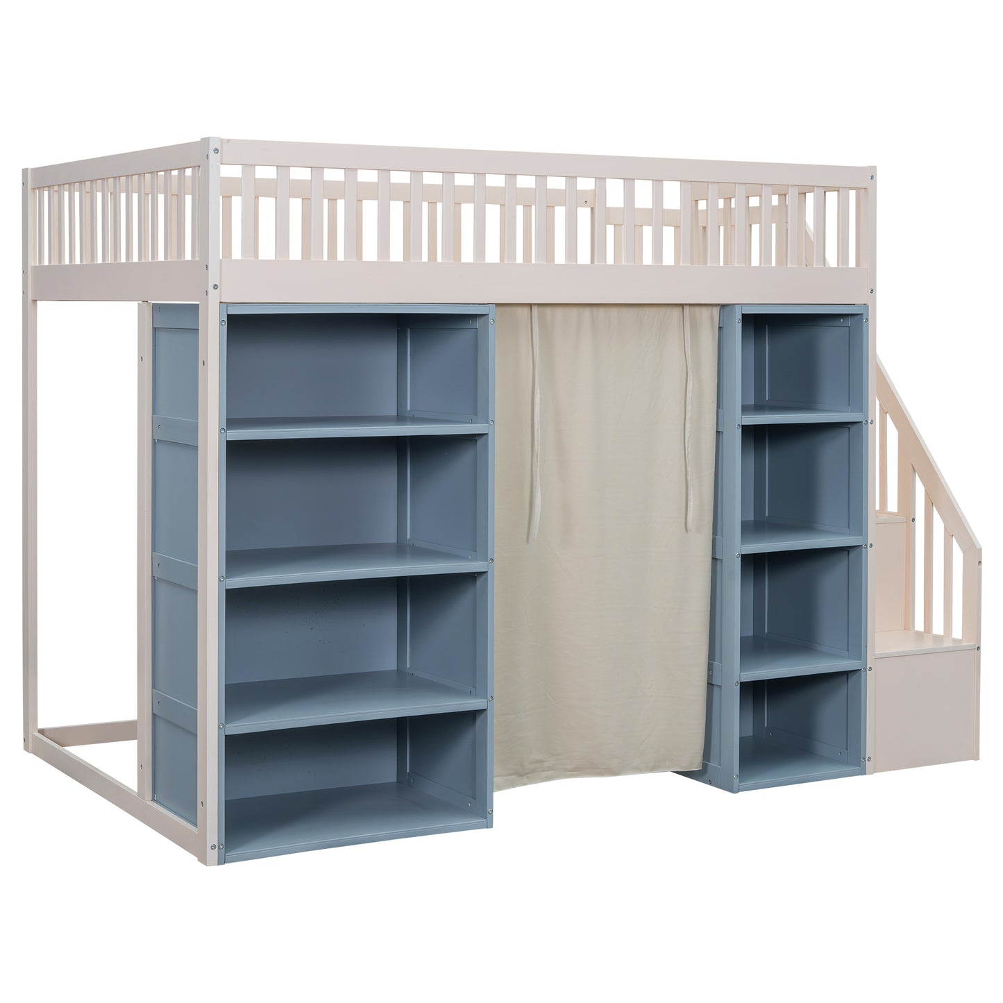 Full Size Loft Bed with 2 Four-layer Storage Cabinets and Curtain, White+Blue - Solid Wood Frame with Built-in Staircase and Privacy Curtain