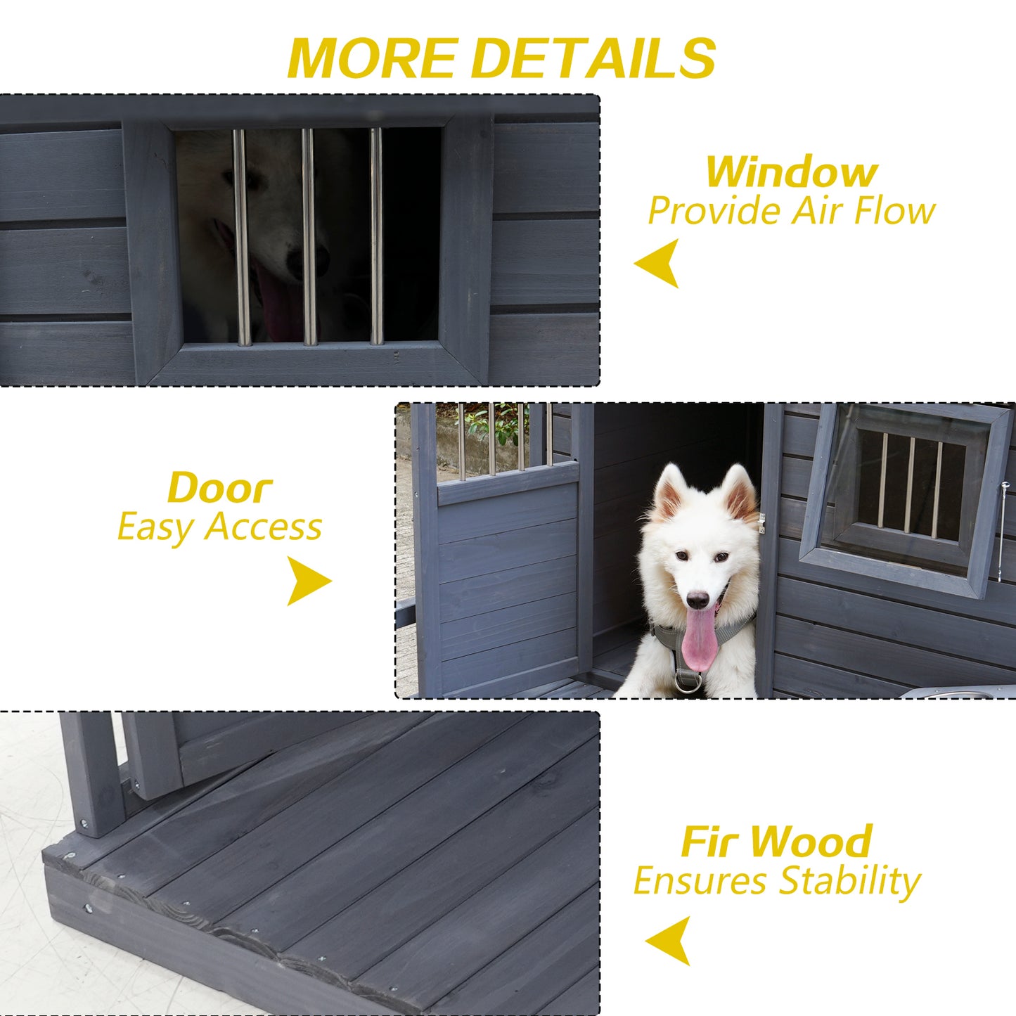 Large dog house, long 44.2" x wide 44.6" x high 44.6" Solid wood asphalt roof dog house with large terrace for large dogs, weatherproof large dog house (improved),Small wooden doors that can be locked