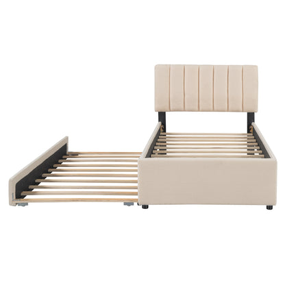 Teddy Fleece Twin Size Upholstered Platform Bed with Trundle, Beige