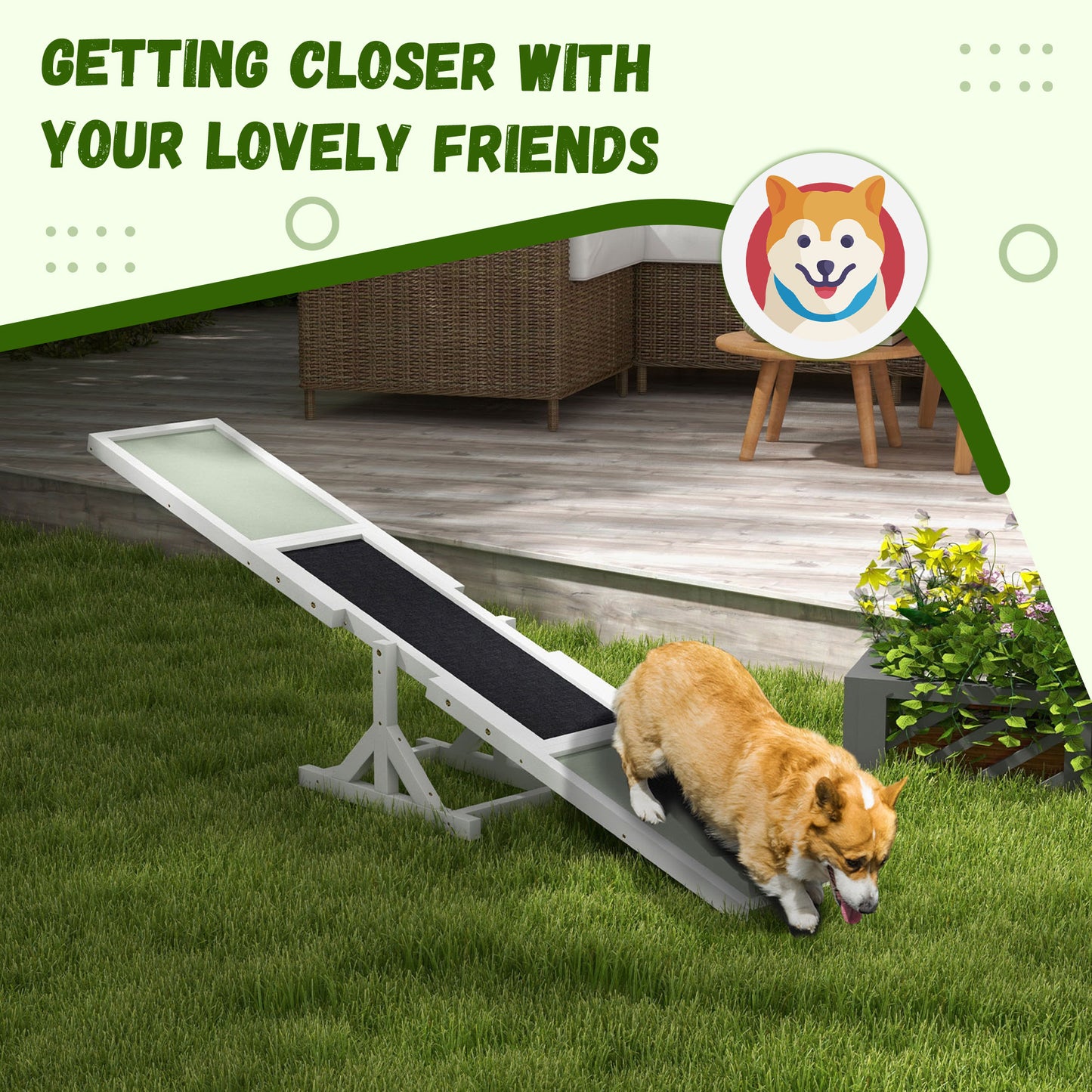 PawHut Wooden Dog Agility Seesaw for Training and Exercise, Platform Equipment Run Game Toy, Weather Resistant Pet Supplies, 71" L x 12" W x 12" H, White