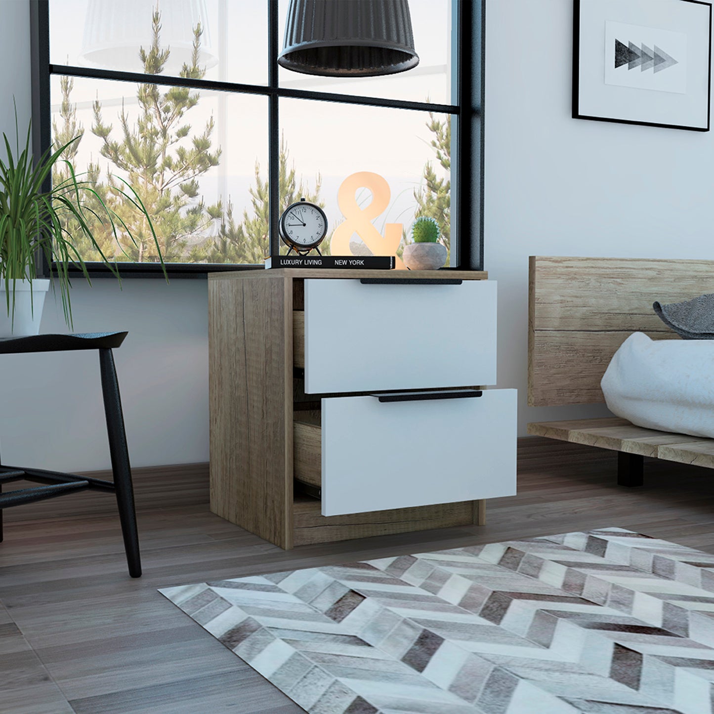 Kaia Nightstand , End Table, Side Table Two Drawers, Metal Handle -White / Pine