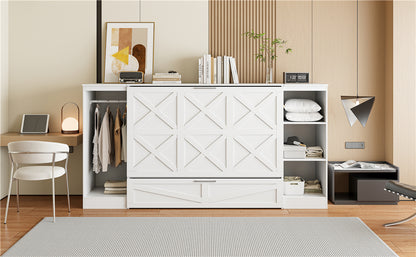 Twin Size Murphy Bed with Bedside Shelves and Wardrobe, White