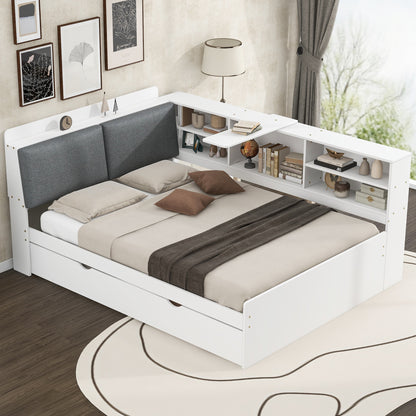 Wood Full Size platform bed with Trundle, Shelves and Storage Headboard, White