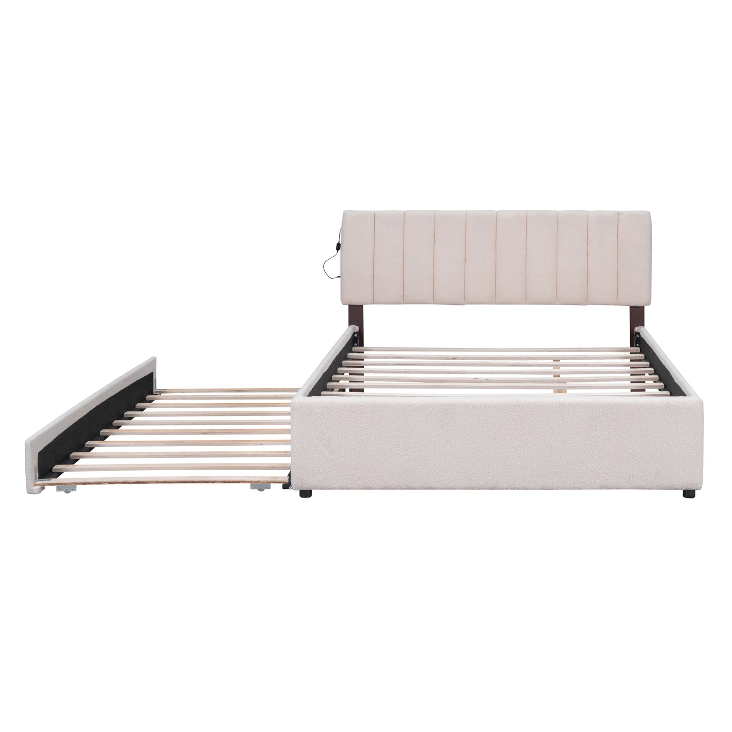 Teddy Fleece Queen Size Upholstered Platform Bed with Twin XL Trundle, Beige