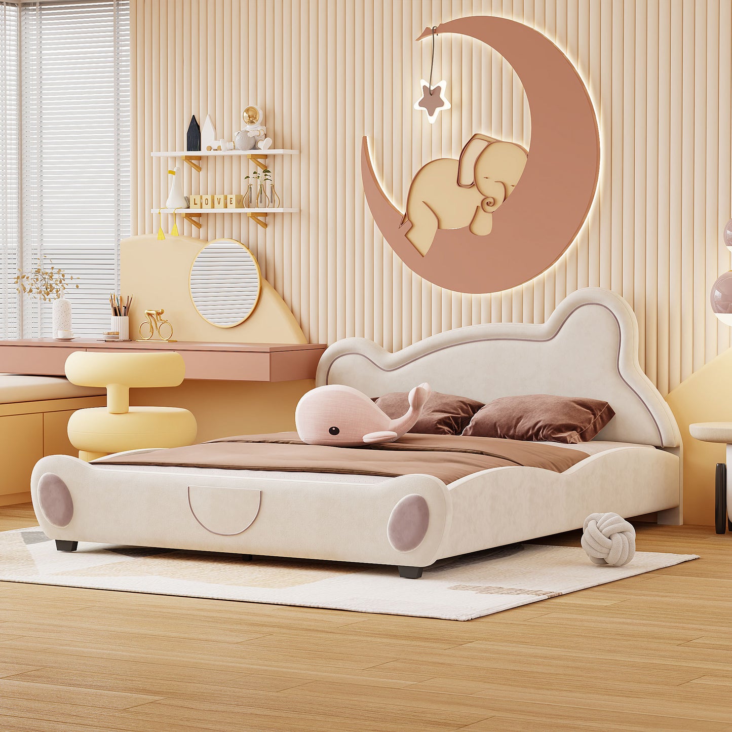 Queen Size Velvet Platform Bed with Bear-Shaped Headboard, with Bed-End Storage Pocket, Beige