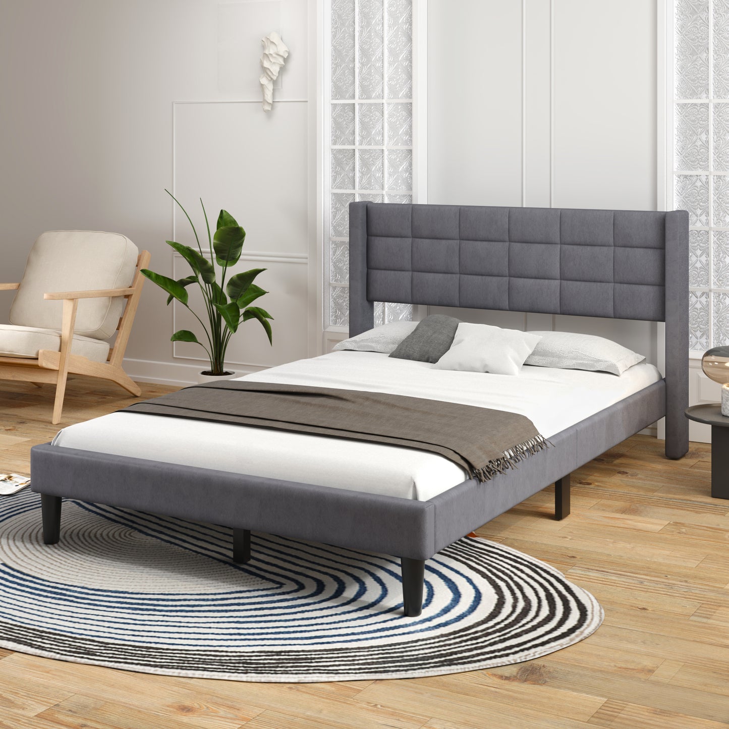 Queen Size Upholstered Platform Bed with Support Legs, Gray