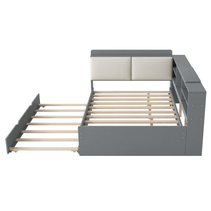 Wood Full Size platform bed with Trundle, Shelves and Storage Headboard, Gray