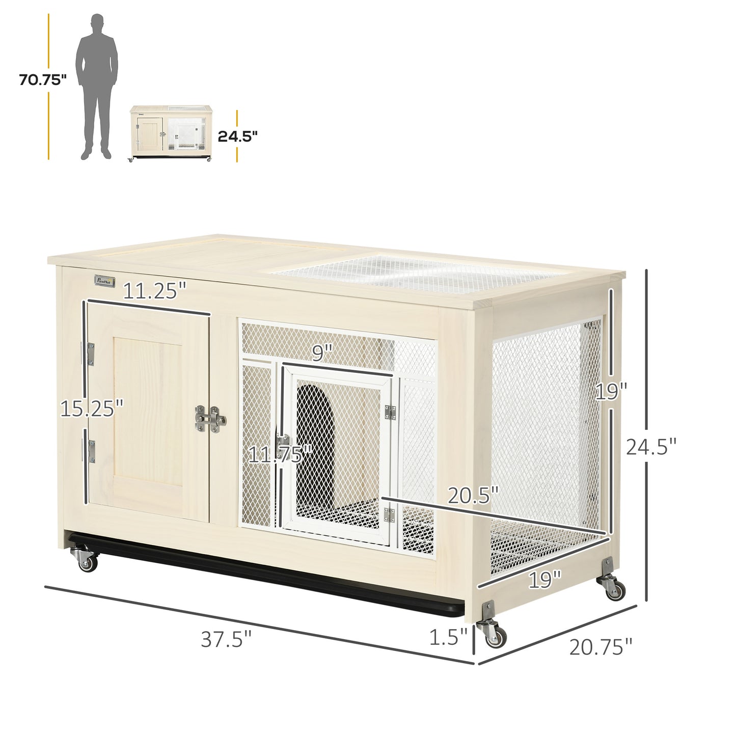 PawHut Small Rabbit Hutch Indoor Bunny Cage on Wheels, Rabbit Habitat with Tough Pinewood, Openable Top, Rabbit Cage Inside, 37.5" x 21" x 24.5"