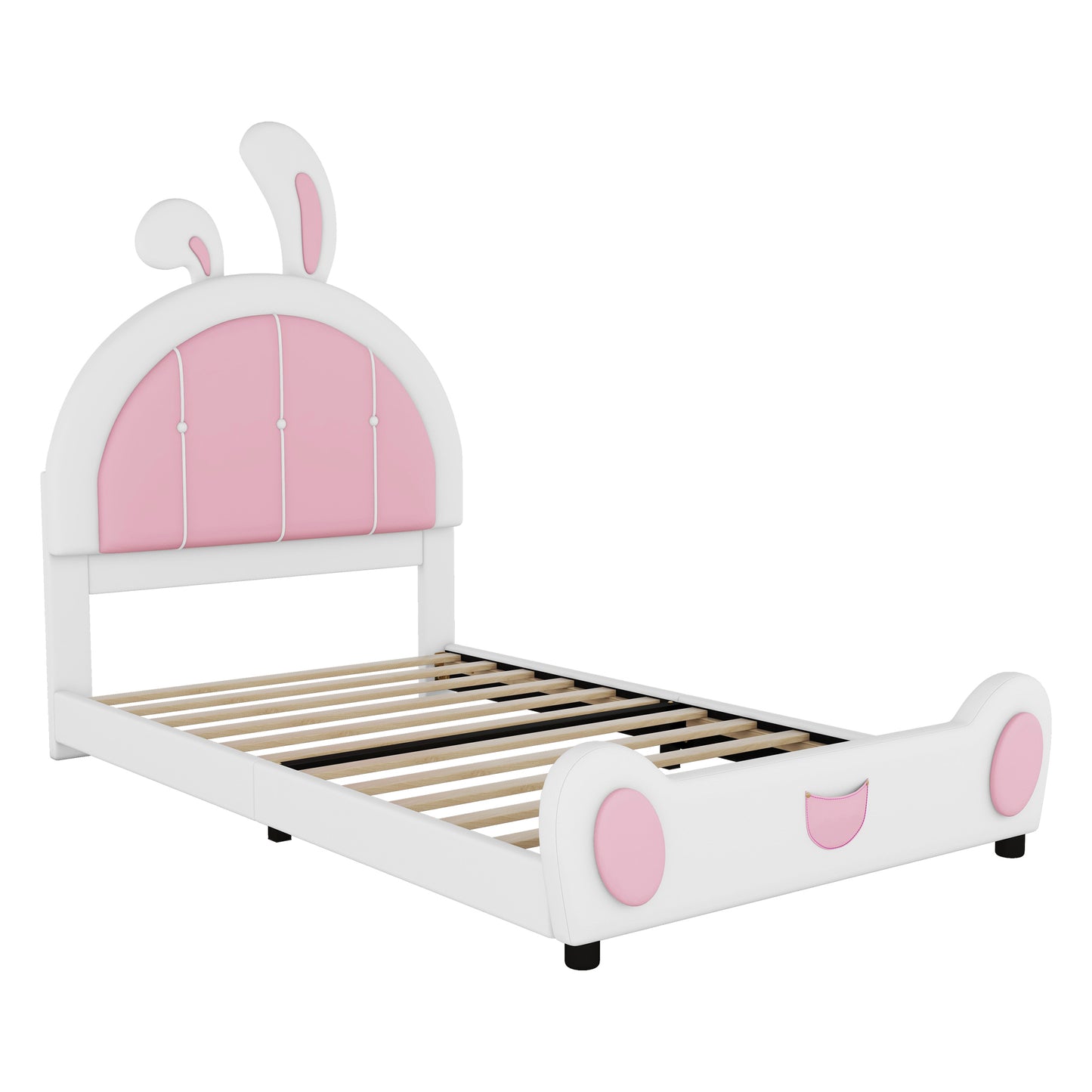 Twin Size Upholstered Platform Bed with Rabbit Shaped Headboard, White