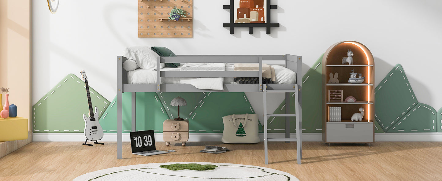 Full Size Wood Low Loft Bed with Ladder, ladder can be placed on the left or right, Gray (Old SKU:GX000366AAE)