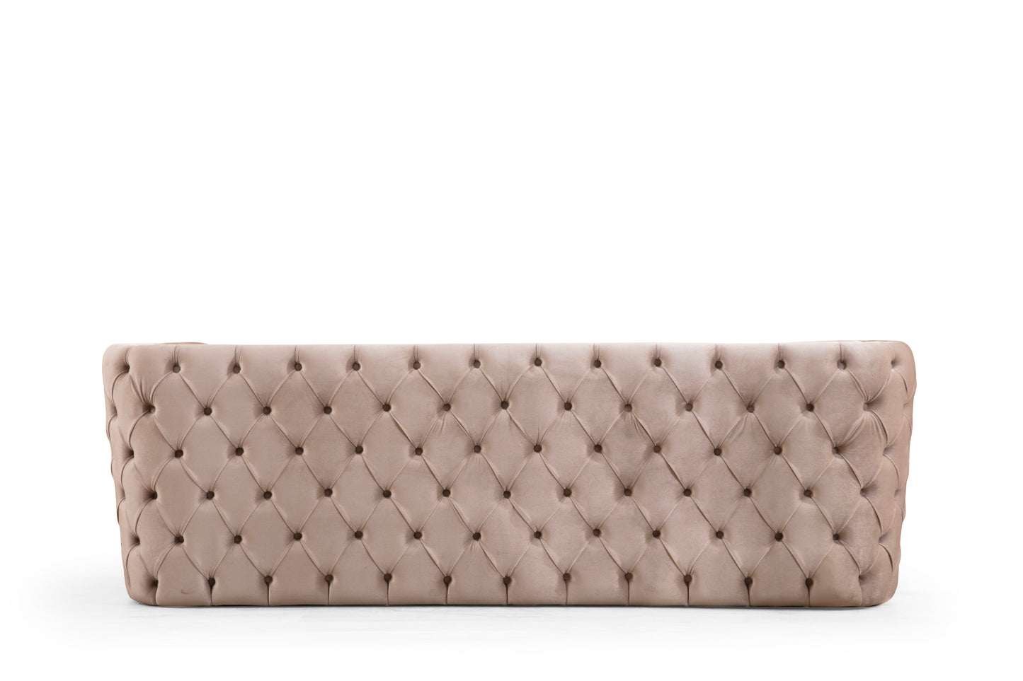 Button Tufted Sofa with Velvet Fabric and Gold Accent in Taupe