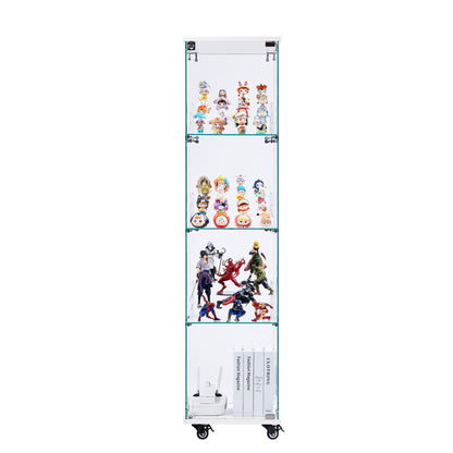 4 Tier Glass Display Cabinet, Single Door Glass Cabinet with Lock and Wheels, Floor Standing Storage Cabinet with 3 Acrylic Shelves for Living Room, Bedroom and Office, White, 15.8"L x 14.2"W x 65.1"H