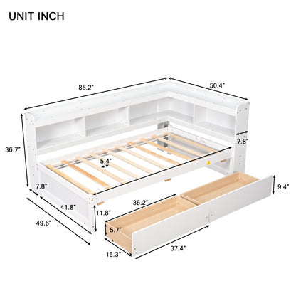 Twin Bed with L-shaped Bookcases,Drawers ,White