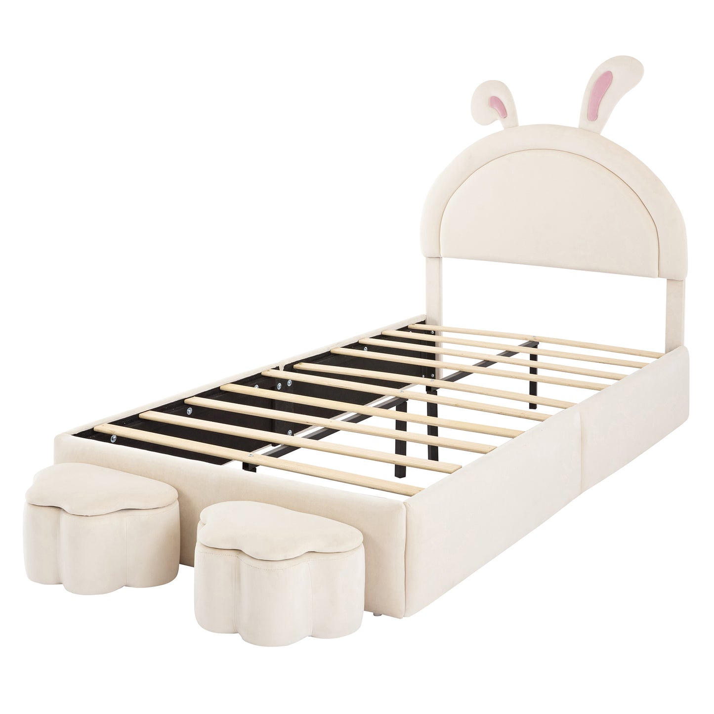 Twin size Upholstered Rabbit-Shape Bed with 2 Storage Stools, Velvet Platform Bed with Cartoon Ears Shaped Headboard, White