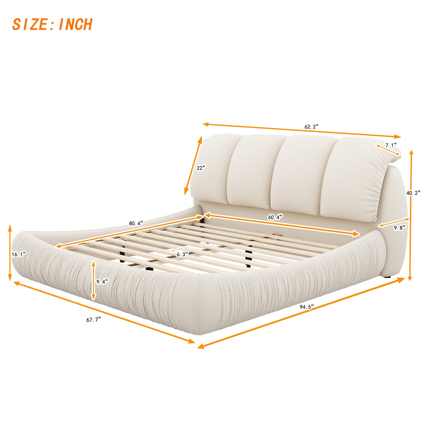 Queen Size Luxury Upholstered Bed With Thick Headboard, Velvet Queen Bed with Oversized Padded Backrest, Beige(Expect arrival date 2024/4/9)