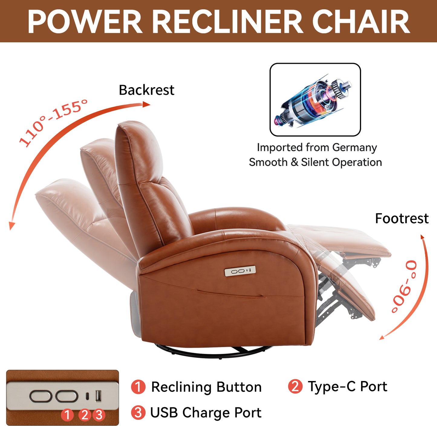 Yellow Brown Genuine Leather Swivel and Rocker Power Recliner Chair with Lumbar Support, Max Swivel Degree 270°, Heavy Duty Motion Mechanism with USB and Type-C