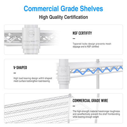5 Tier 6000lbs Heavy Duty Adjustable Storage Rack Metal Shelf Wire Shelving Unit with Wheels & Shelf Liners - 82" H x 48" L x 24" D - White