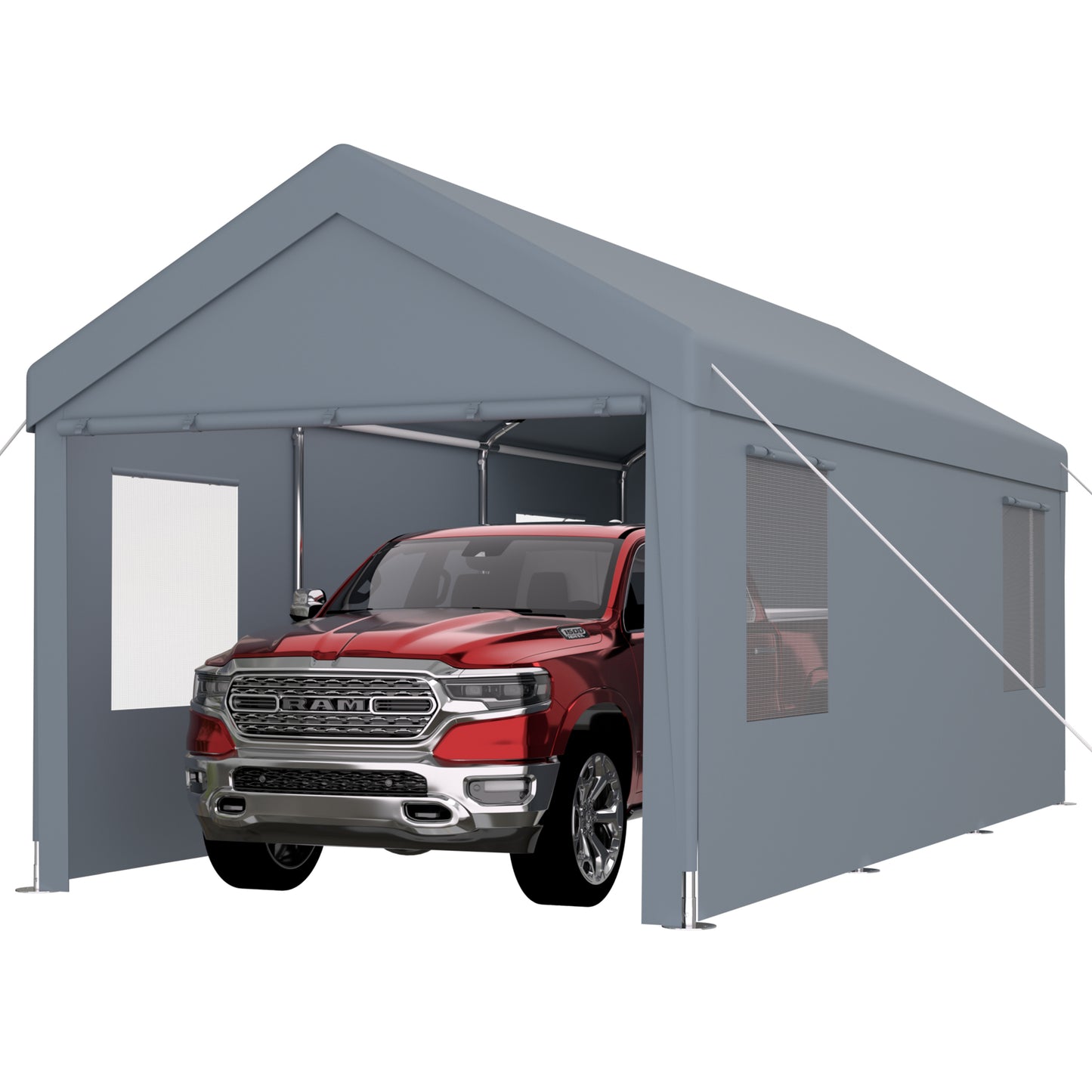 Carport 10' x 20' Portable Garage, Heavy Duty Car Port Canopy with 2 Roll-up Doors & 4 Ventilated Windows for Car, Truck, Boat, Garden Tools, grey