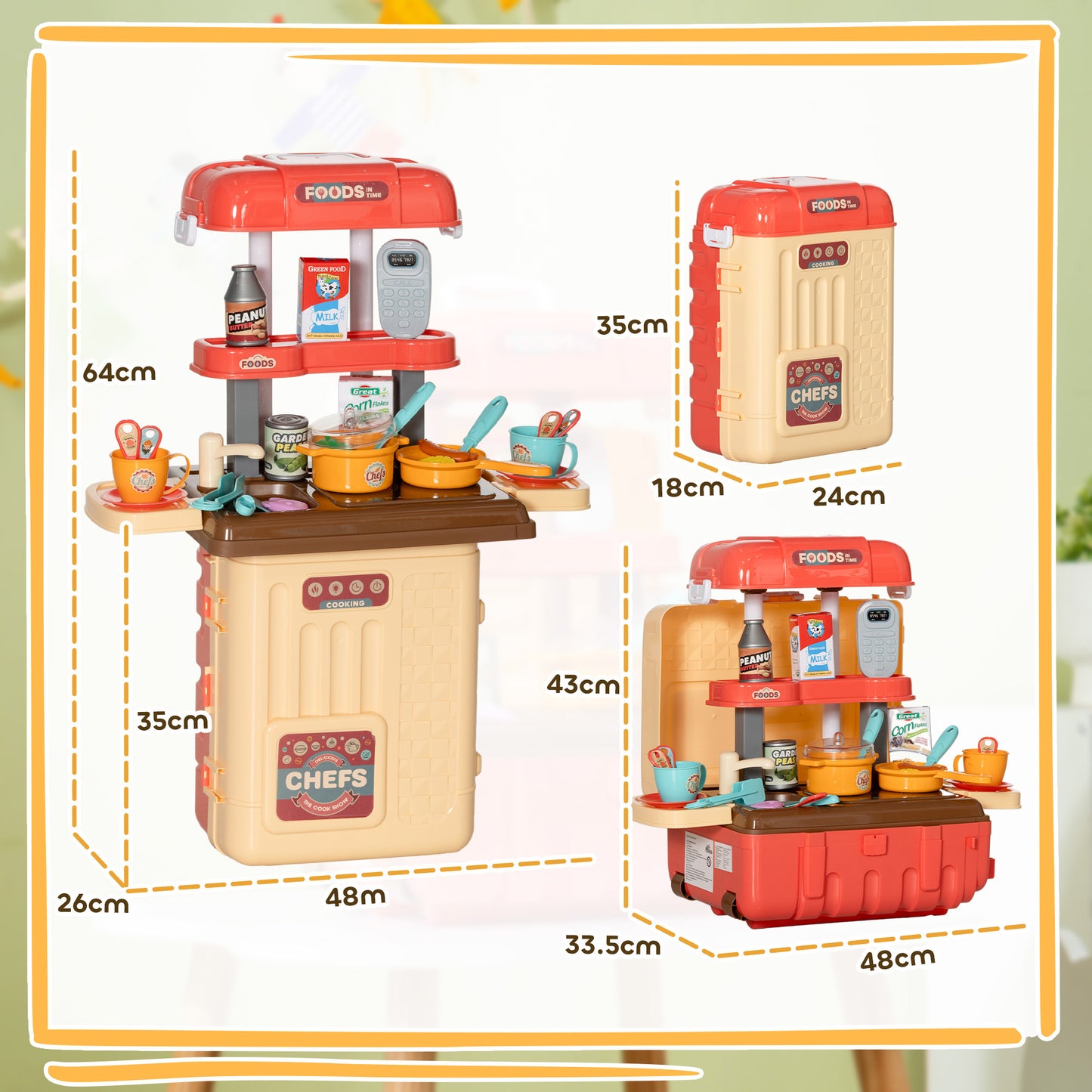 Qaba 3 in 1 Kids Kitchen Playset, Foldable Play Kitchen Set Converted into Travel Luggage, 36Pcs Play Kitchen Accessories, Pretend Play Toys for Toddlers 3-6 Years Old, Multicolor