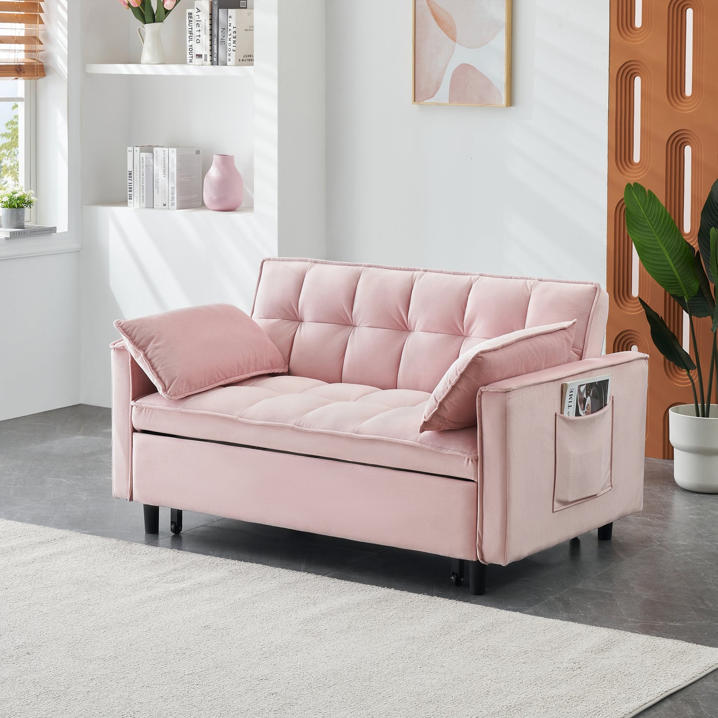 Modern velvet sofa, sofa pull-out bed, small love seat casual sofa with back, with pillow, pockets, living room furniture, 3 in 1 convertible sleep sofa bed.