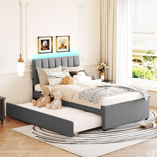 Teddy Fleece Twin Size Upholstered Platform Bed with Trundle, Gray