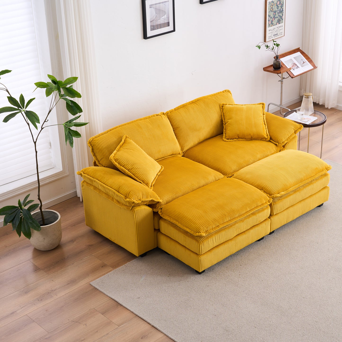 Corduroy 2-seats sofa With 2 back pillows,2 toss pillows and two ottoman,Comfy Sofa- Deep Seat Couch for Living Room,Yellow