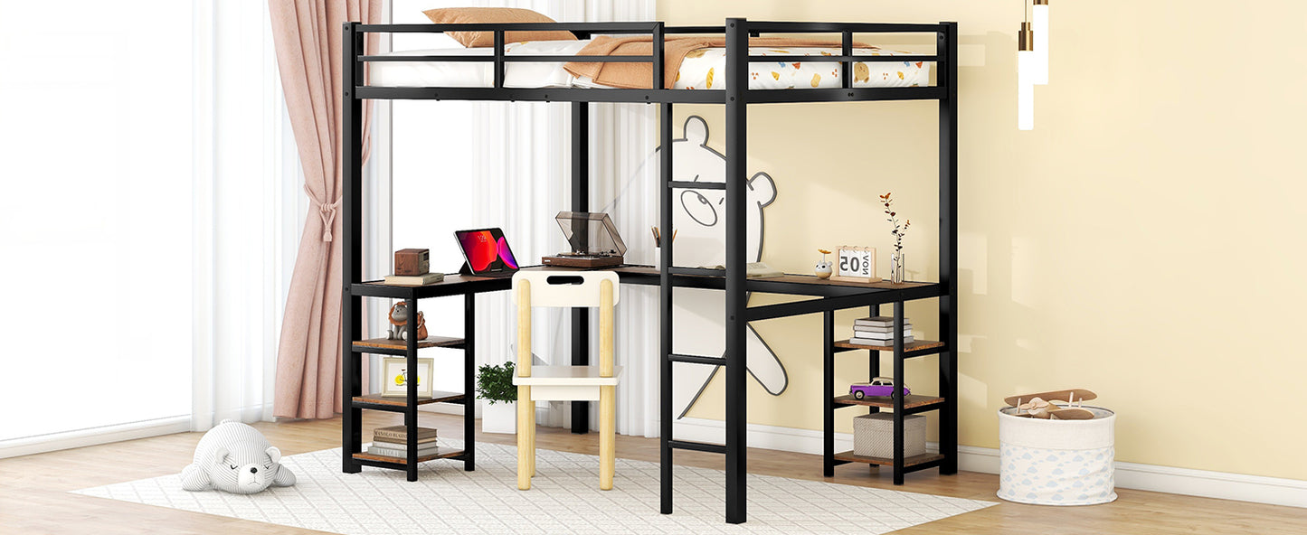 Full Metal Loft Bed with Desk and Shelves, Loft Bed with Ladder and Guardrails, Loft Bed Frame for Bedroom, Black with Vintage wood-colored desk(Old SKU: W1307S00022)