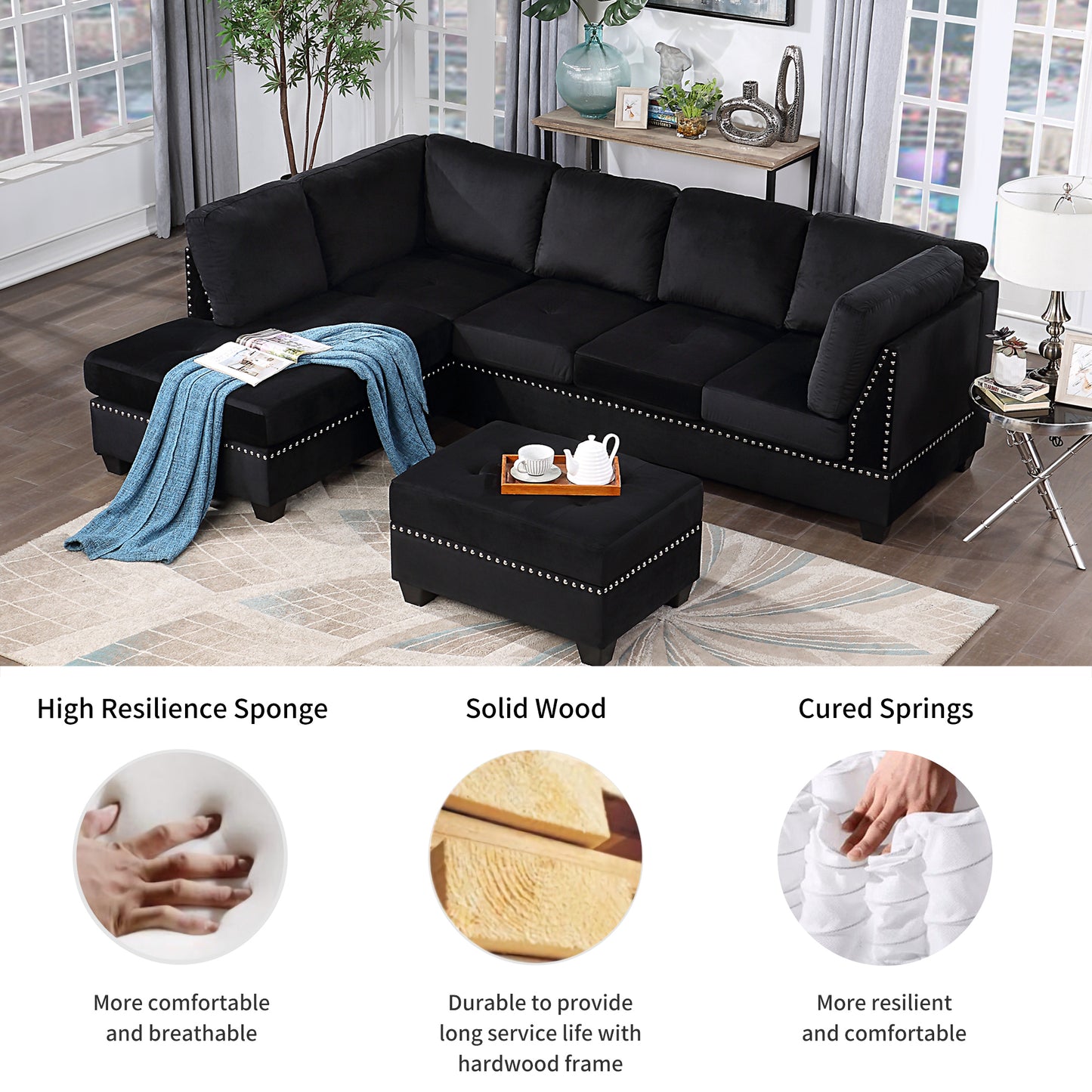 104.5" Reversible Sectional Sofa Space Saving with Storage Ottoman Rivet Ornament L-
shape Couch for Small or Large Space Dorm Apartment,Black(Old:SG000406AAA)