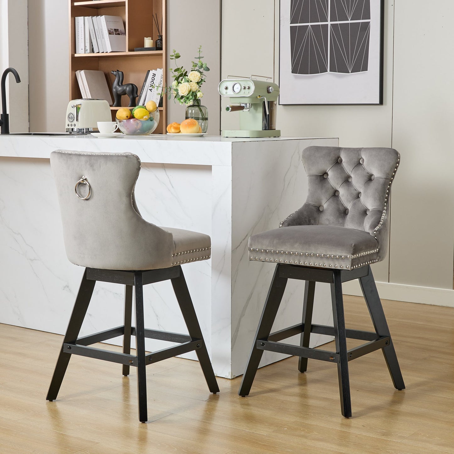 Swivel Velvet Barstools with Button Tufted Decoration and Wooden Legs, and Chrome Nailhead Trim, Leisure Style Bar Chairs,Bar stools, Set of 2 (Gray),SW1860GY