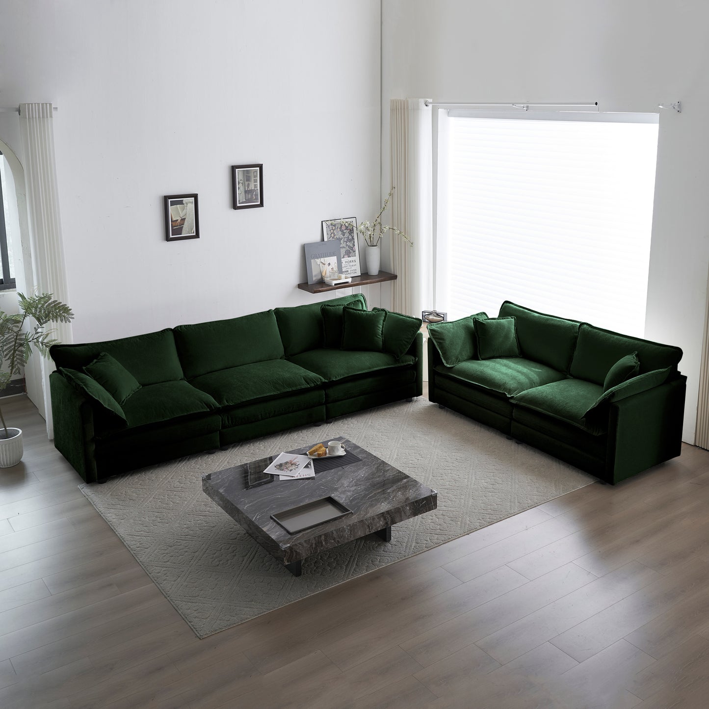 Sofa Set of 2 Chenille Couch, 2+3 Seater Sofa Set Deep Seat Sofa, Modern Sofa Set for Living Room, Green Chenille