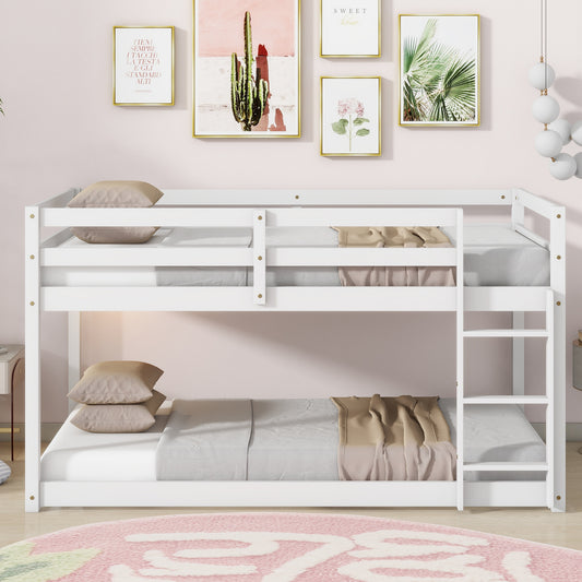 Solid Wooden, Solid Rubber Wooden Twin over Twin Loft Bed with Ladder, with Bed Platform of Strengthened Slats,White