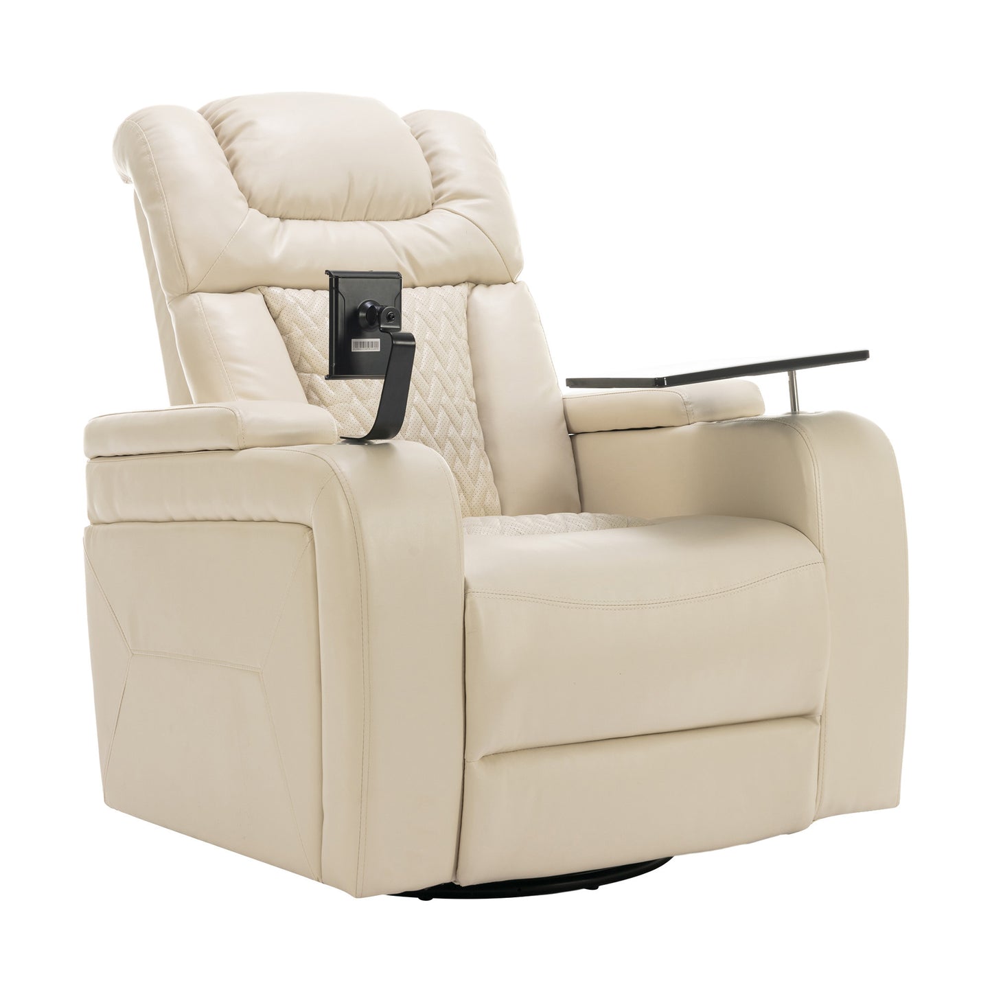 270 Degree Swivel PU Leather Power Recliner Individual Seat Home Theater Recliner with  Comforable Backrest, Tray Table,  Phone Holder, Cup Holder,  USB Port, Hidden Arm Storage for Living Room, White