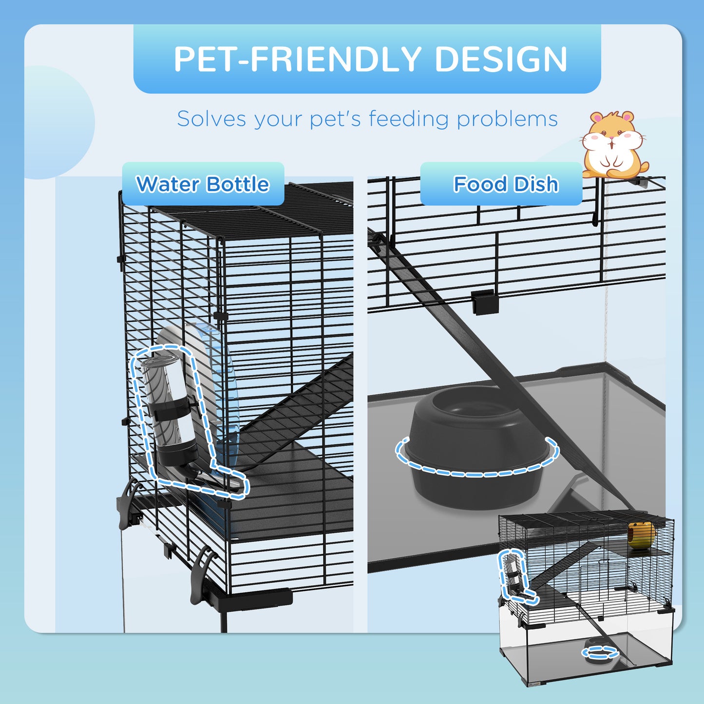 PawHut Hamster Cage, 23.5" Gerbil Cage with Glass Basin, Ramps, Platforms, Hut, Exercise Wheel, for Small Hamsters, Black